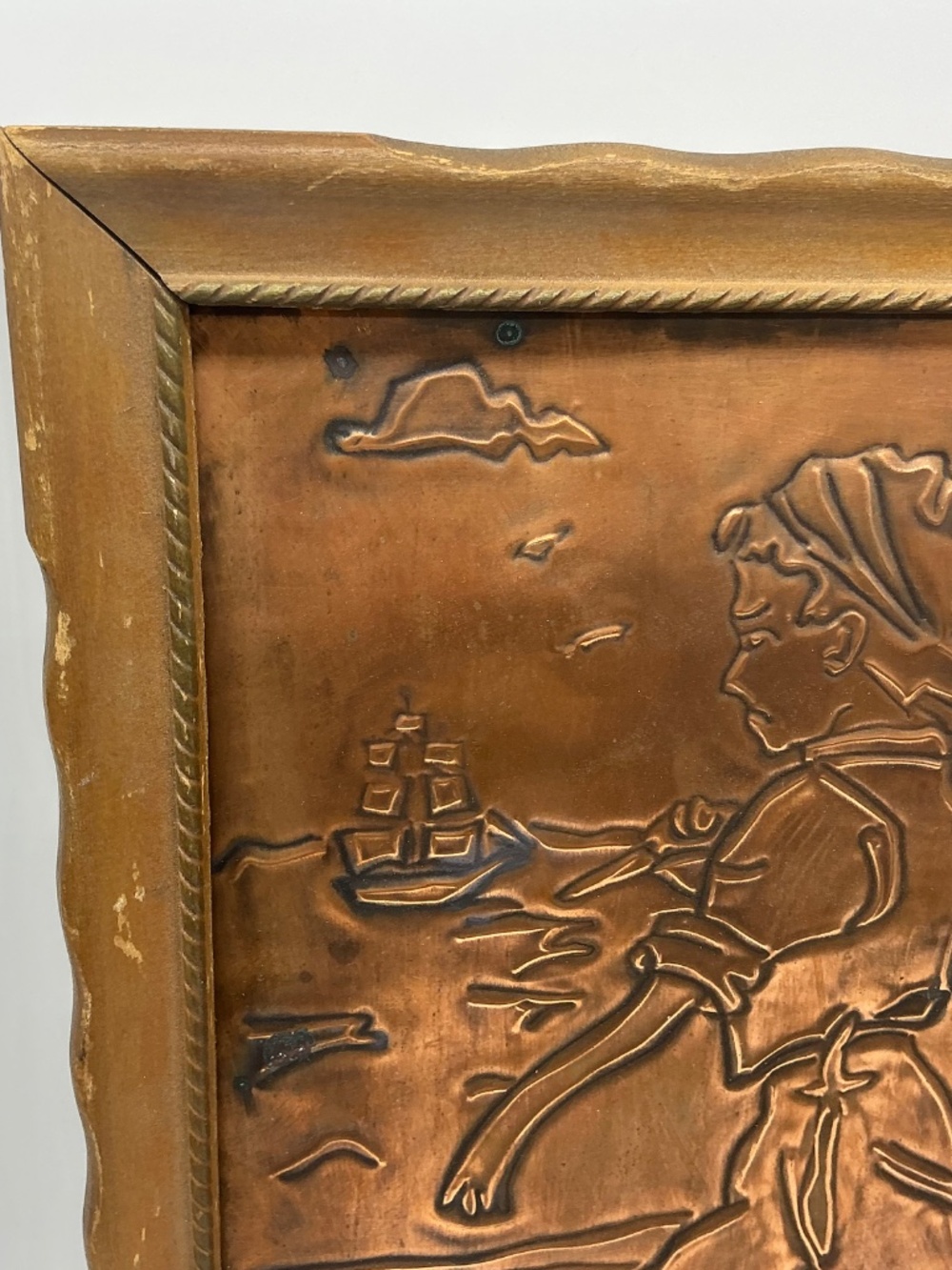 Framed Copper Relief Plaque Traveling Boy - Picture 2 of 7